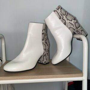 White and Snake Print Heeled Boots